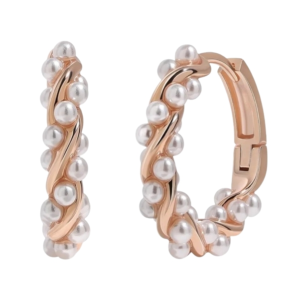Rose Gold Pearl Twist Vines Hoops Pretty Wedding Little Hoop Earrings Pearls New - Picture 4 of 9